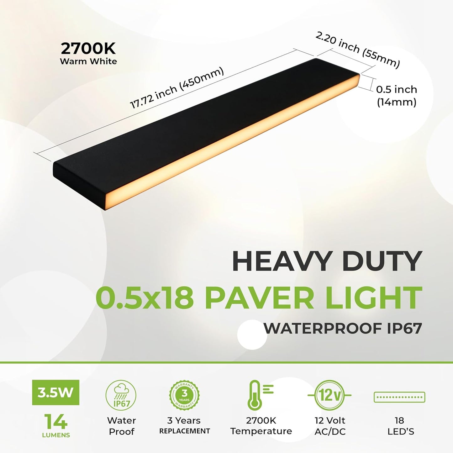LUMENGY Paver Light Slim 0.5x18 Inch Glare-Free 2700K Warm White, Steel Brick Lighting for Pavers, Walls, Driveway & Pathway Borders, Waterproof IP67, 12V AC/DC Drive-Over Rated