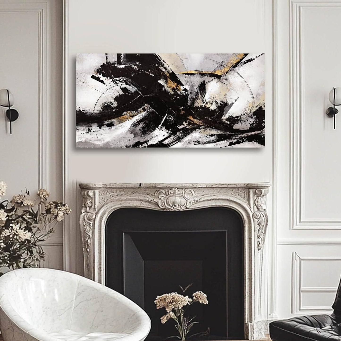 Black Art Abstract Wall Pictures Canvas Wall Art Grey Wall Decor Vintage Artwork Poster Prints Art for Office Hotel 24"x48"