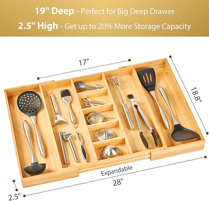 Umilife Extra Large Expandable Kitchen Drawer Organizer for Utensil and Junk, 19" Deep for Big Drawer, 17" to 28" Adjustable Bamboo Wood Drawer Divider, Cutlery Tray, Flatware Holder