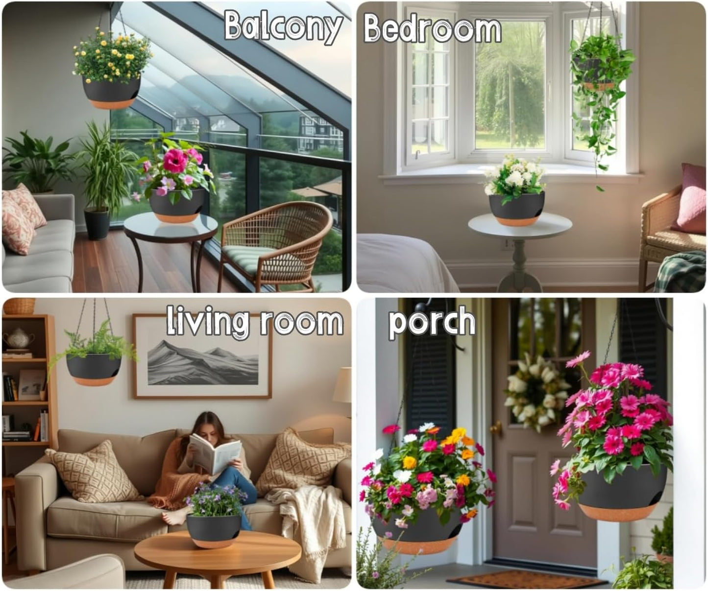 2 Pack 12 Inch Large Hanging Planters with Chains Self Watering Black Brown Plastic Hanging Pots for Indoor Outdoor Plants, Garden Porch Home Decor，Black Brown