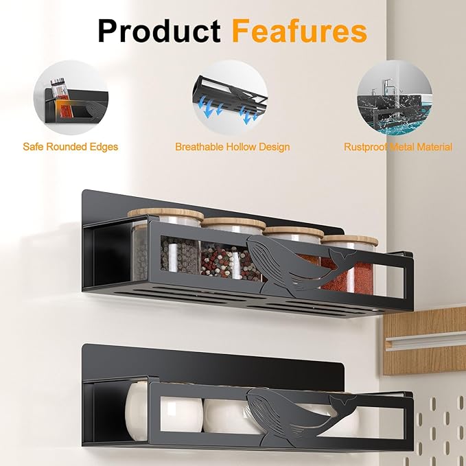 Magnetic Spice Rack for Refrigerator, 2-Pack Metal Spice Organizer for Kitchen Storage Organization, Magnetic Shelf for Fridge Space Saving Seasoning Organizer, Black