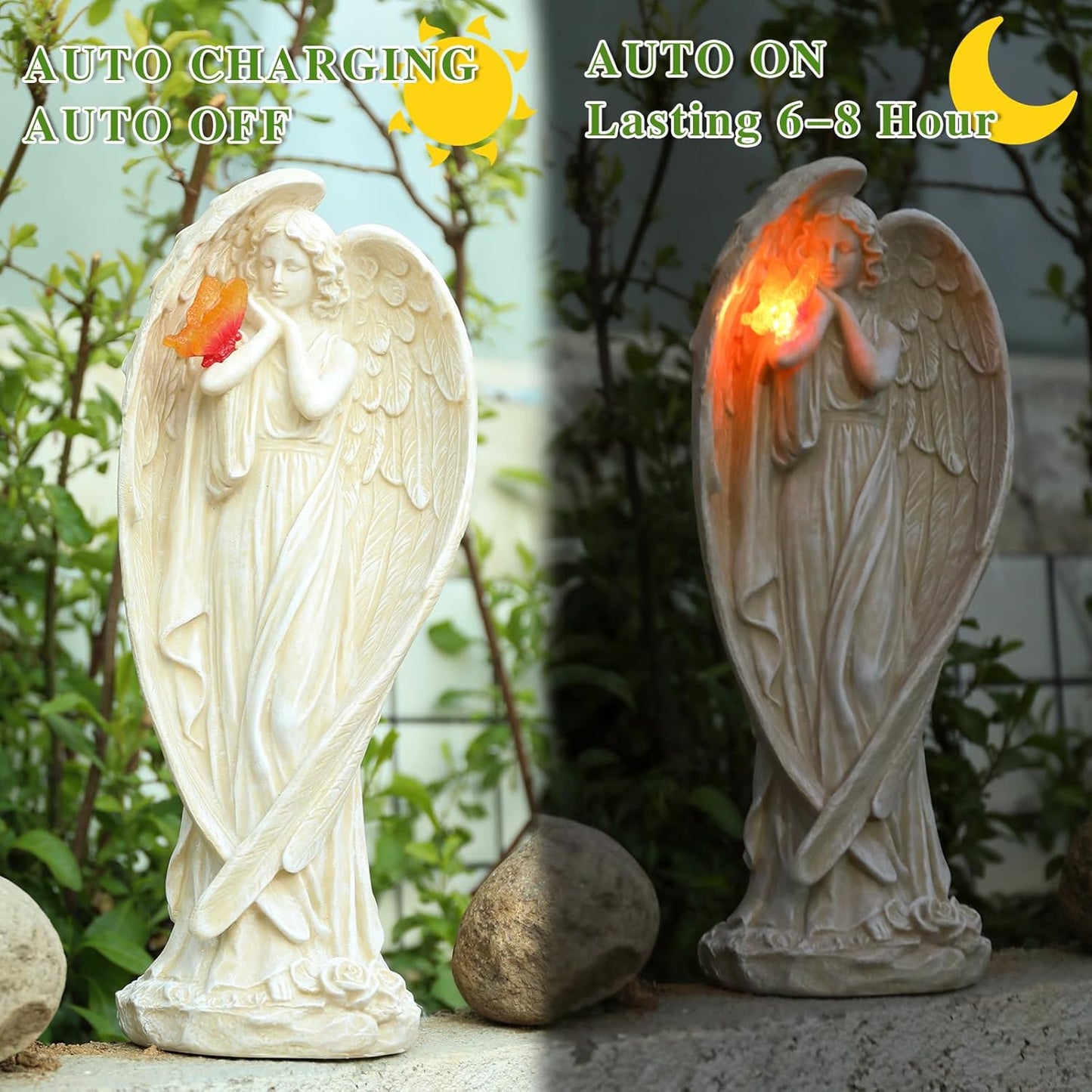 Angel Figurine, Large Angel Garden Statues Outdoor with Butterfly Solar LED Lights Lawn Decorations Yard Ornament Sculptural for Outside Patio Decor, Angel Gardening Gifts
