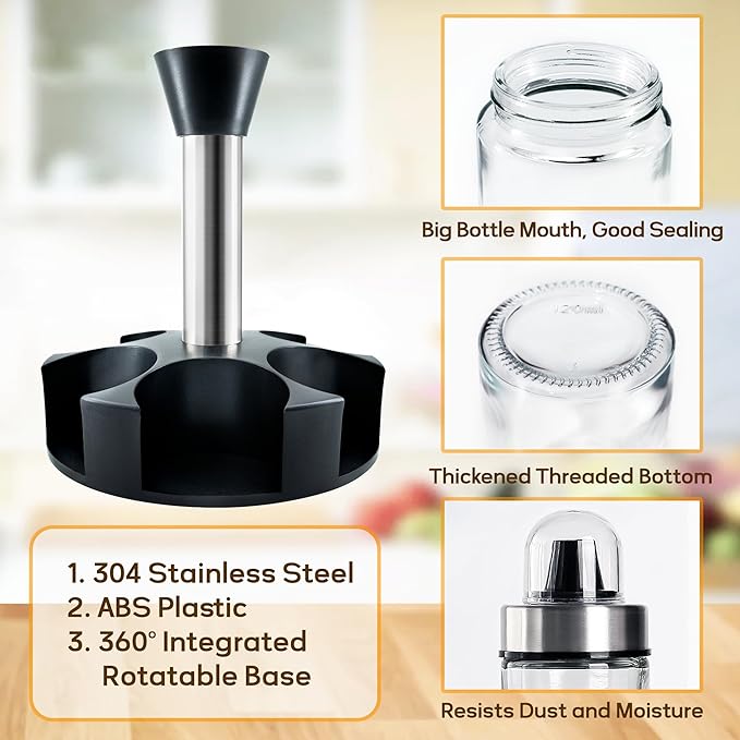 Mlici Oil and Vinegar Dispenser Set of 6 Bottles, Stainless Steel Salt Pepper Holder with 360° Rotating Holder, Cruet Soy Sauce - Premium Glass Condiment for Kitchen, Tabletop, Kitchen Containers