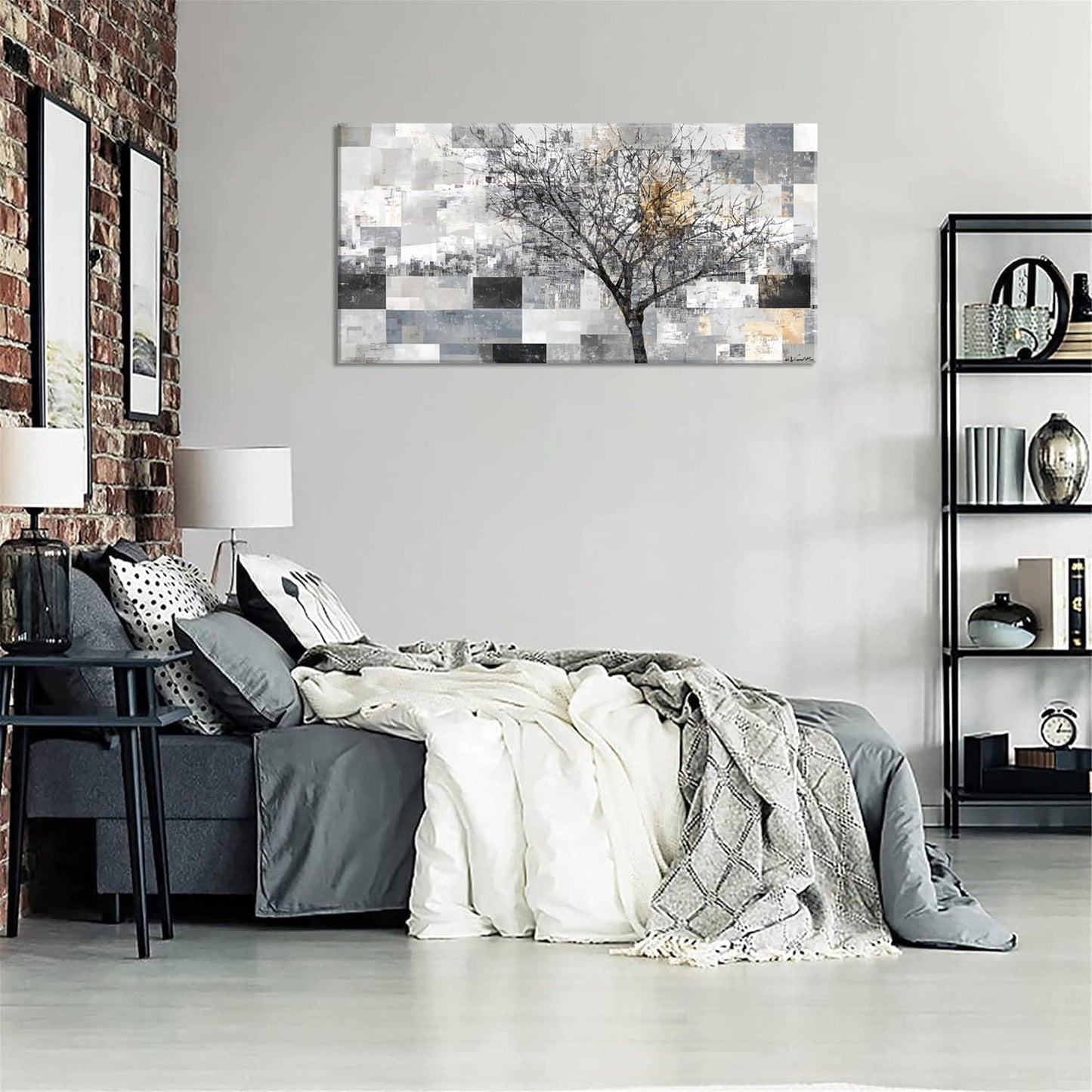 LASMOND Modern Abstract Tree Wall Art for Living Room Black and White Canvas Painting Wall Art Large Nature Landscape Artwork Bedroom Office Home Decor (30x16 Inches)