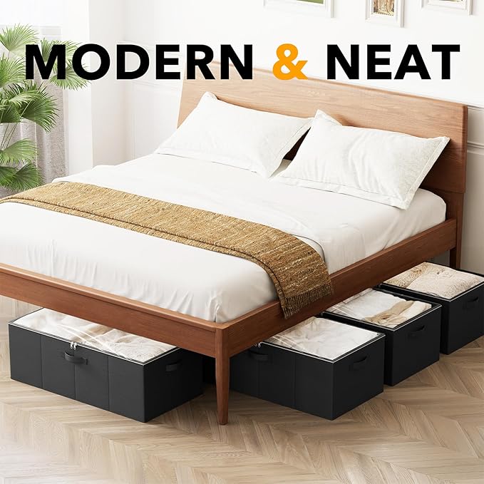 SpaceAid 4 Pack 10" High Under Bed Storage Containers, Large Underbed Storage Organizer Bins with Lids for Bedroom, Dorm, Clothes, Closet Organization, Bed Sheets and Blankets (Black)
