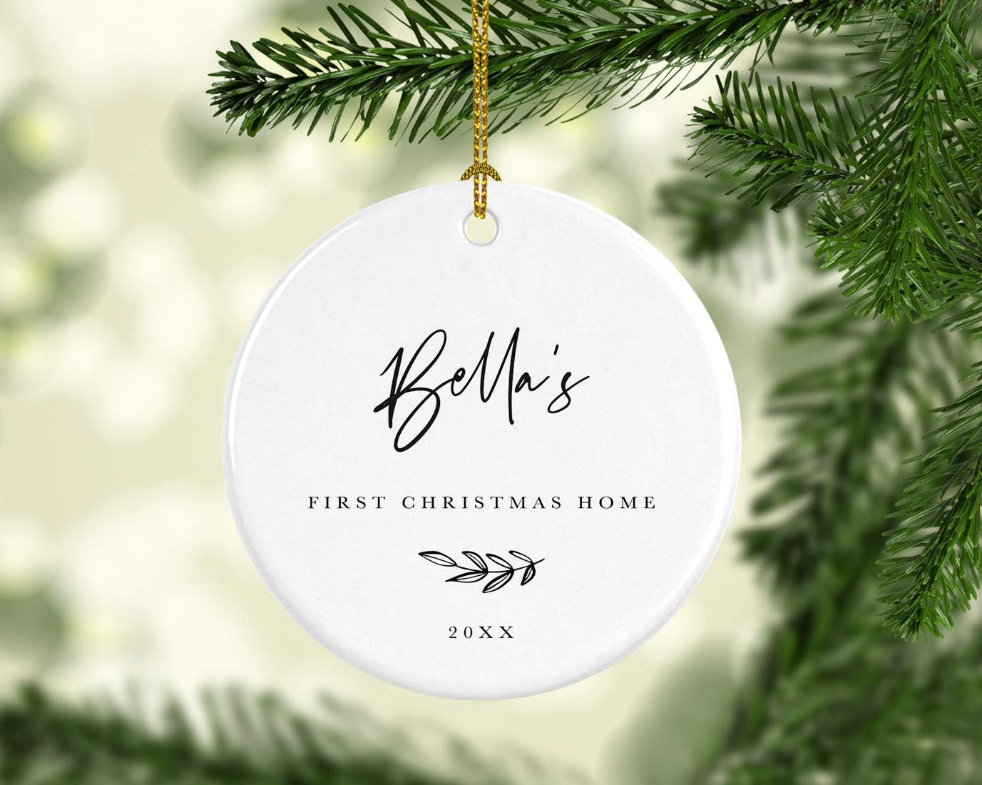 Andaz Press Personalized Dog Cat Pet Adoption Round Ceramic Porcelain Christmas Tree Ornament Engagement Collectible Gift for Baby, Bella's First Christmas Home 2024, Antique Handdrawn, 1-Pack