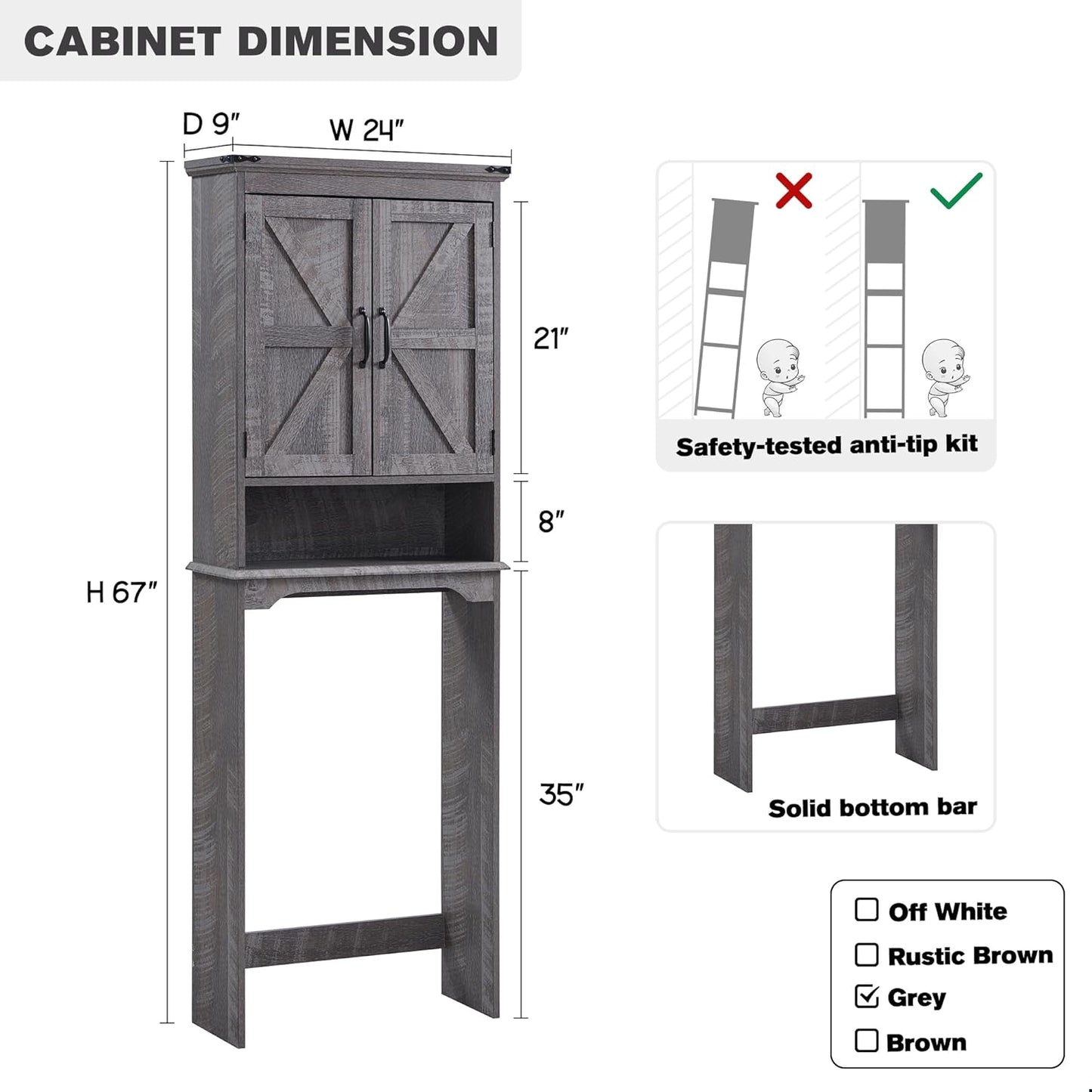 Over The Toilet Storage Cabinet, Farmhouse Bathroom Cabinet with Adjustable Shelf & Barn Door, 67" Tall Over The Toilet Shelf, Grey Wash