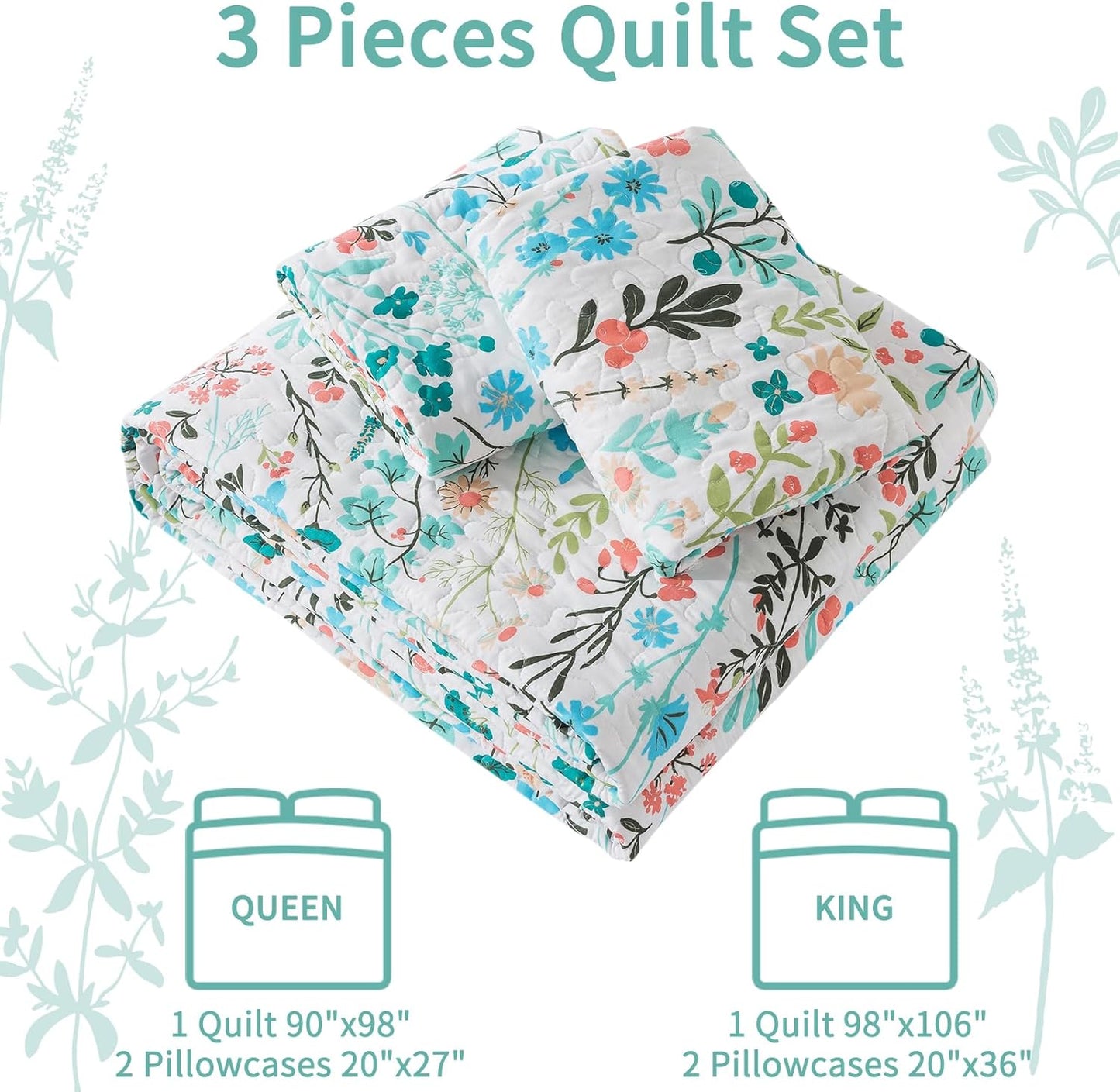 VAPUTAR Queen Quilt Bedding Set-3 Pieces Botanical Quilt Queen Size (90 x 98 inch), Reversible Queen Coverlet with Garden Style Floral Pattern, Bedspread Queen Size Suitalble for All Season.