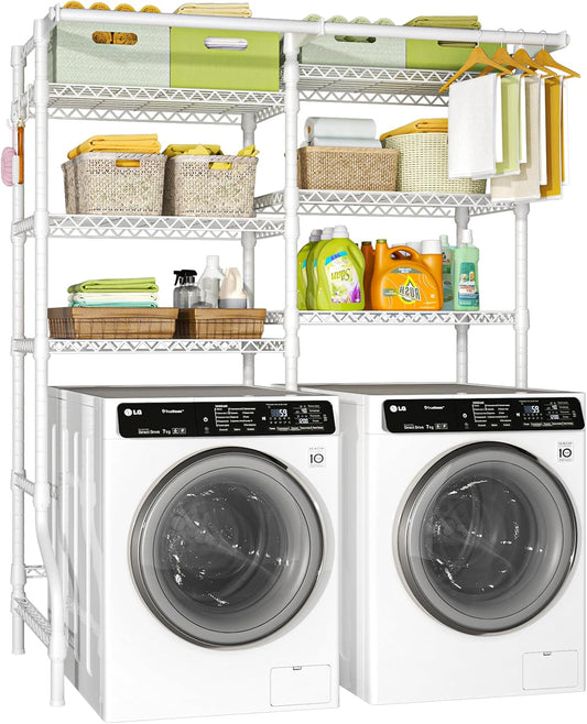 Ulif U13 Over Washer and Dryer Storage Shelves, 6 Tiers Laundry Room Standing Shelf with 2 Hanger Rods, Space Saver Clothes Drying Rack, 63.4" W x 22" D x 77.4" H, White