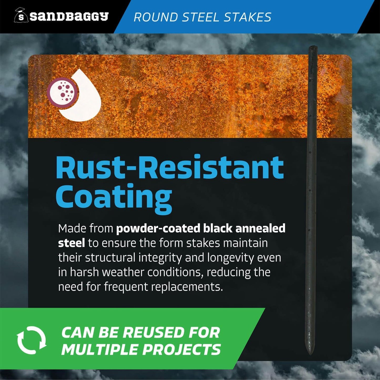 Sandbaggy Round Steel Concrete Form Stakes with Nail Holes - Rust Resistant Coating - Removable, Reusable (20, 3/4 in X 24 in)