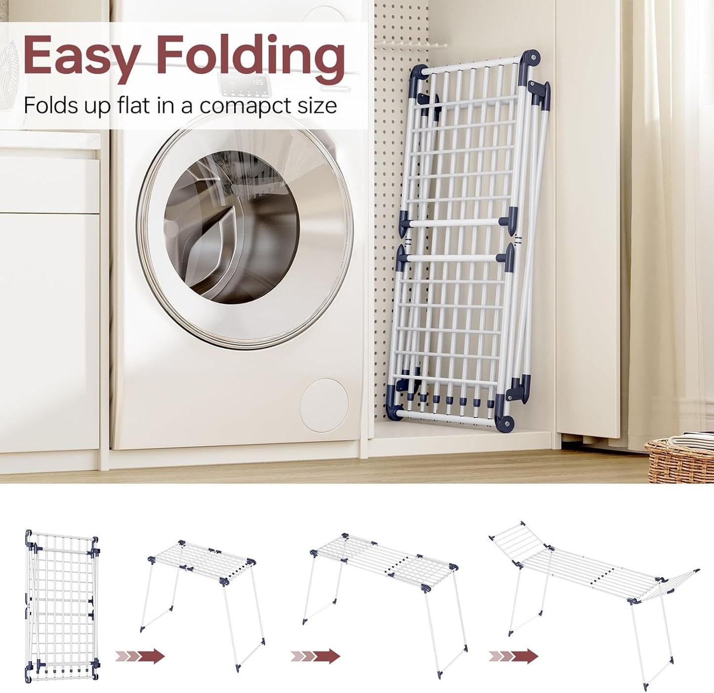 APEXCHASER Clothes Drying Rack Foldable, Large Drying Rack for Clothing Retractable, Winged Laundry Rack Folding Indoor Outdoor, Metal Clothes Airer for Bedding Towel Sweater Heavy Duty, White