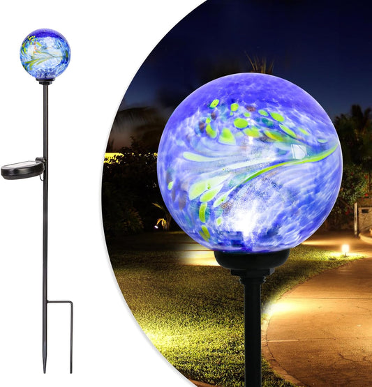 Solar Lights Outdoor Decorative Solar Outdoor Decorative Glass Ball Stakes Waterproof Garden Stake Glass LED Garden Globe Lights for Pathway Yard Lawn Decoration Blue