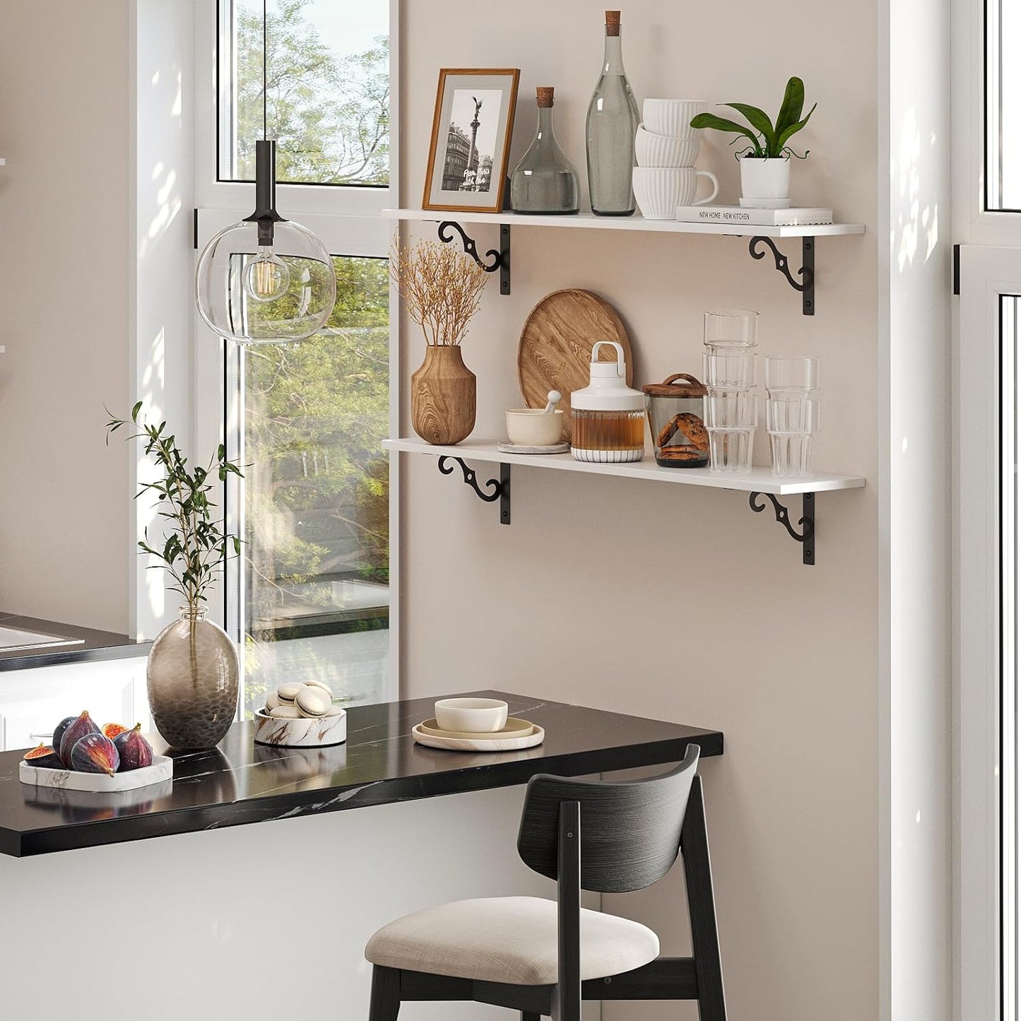 DINZI LVJ Long Wall Shelves, 31.5 Inch Large Floating Shelves Set of 2, Wide Display Shelf Wall Mounted with Brackets, Easy Hanging for Living Room, Toilet, Office, Bedroom, White