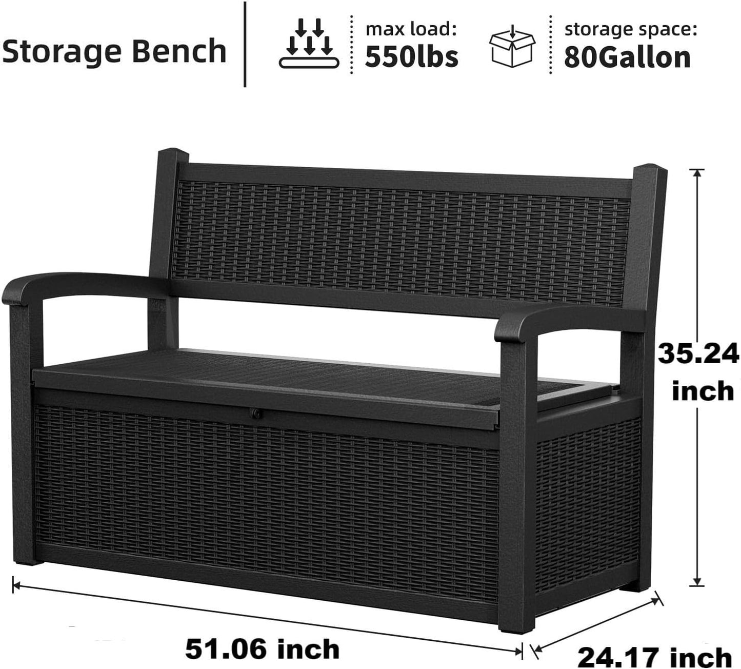 80 Gallon Storage Bench Deck Box Waterproof Lockable,Outdoor Storage Furniture for Patio,Garden and Porch,Tools and Cushions（Black）