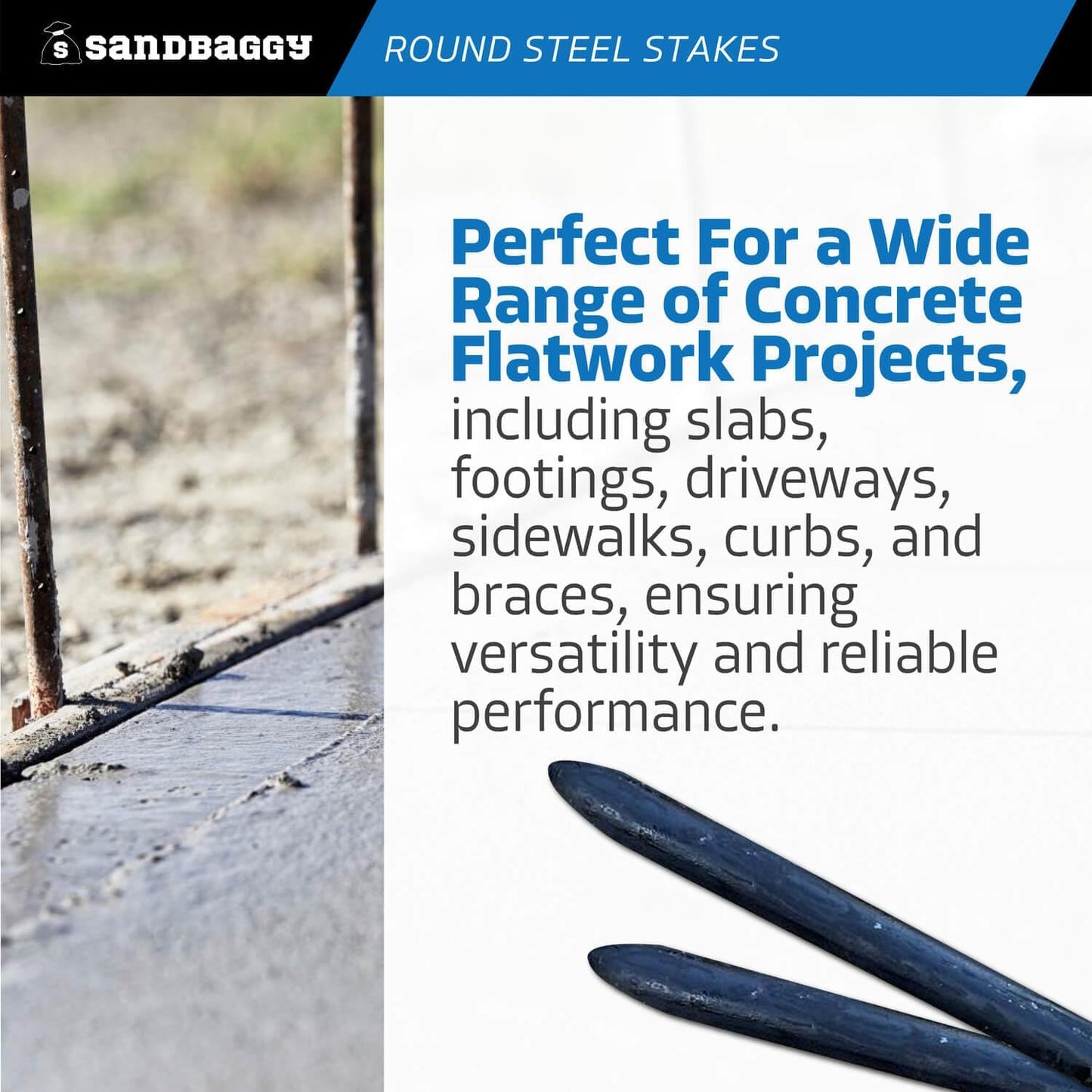 Sandbaggy Round Steel Concrete Form Stakes with Nail Holes - Rust Resistant Coating - Removable, Reusable (200, 3/4 in X 18 in)