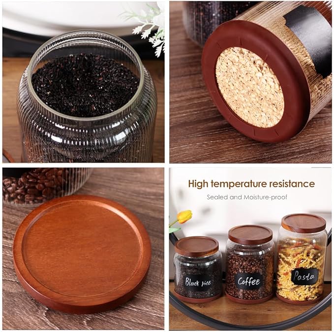 SAIOOL 2-Pack Striped Borosilicate Glass Airtight Canisters - Big mouth Large Capacity, Acacia Wood Lid, Food Storage Jars for Flour, Pasta, Pantry Organization (3/4 Gallon （2 Striped pack）)