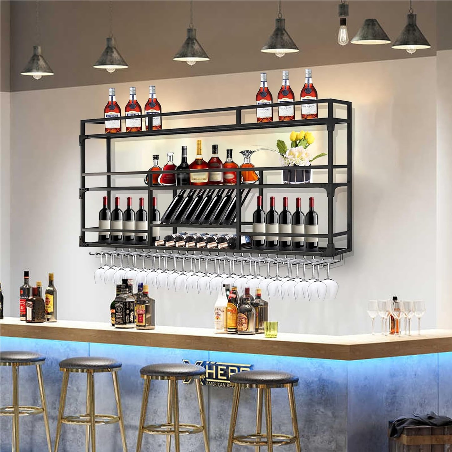 39.1in Wall Mounted Wine Rack, Wine Rack Wall Mounted With Wine Glass Rack, Metal Bar Bottle Display Shelf Wine Cups Hanging Holder, For Home Bar Cafe Dining Room Decoration (BLACK, 39.1*10*35.5inch)