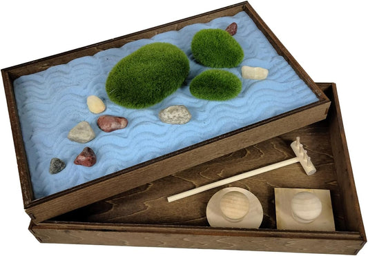 Wooden Stackable Zen Garden | Blue Oasis Sand with Rake & Accessories | Minimalist Decor Gift for Relaxation