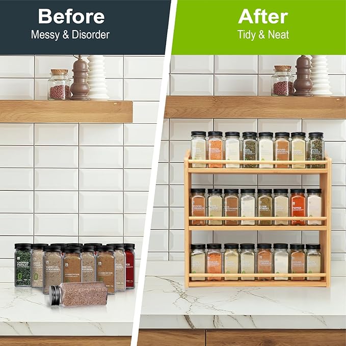 3 Tier Bamboo Spice Rack, Spice Rack Organizer, Seasoning Jars Rack Shelf Spice Organizer for Kitchen Counter or Wall Mounting, Bamboo Spice Storage Holder
