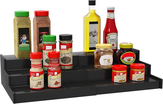 Spice Rack Organizer for Cabinet, 3 Tier Expandable Bamboo Spice Storage, Great for Kitchen Cabinet, Cupboard,Pantry and More(Black)