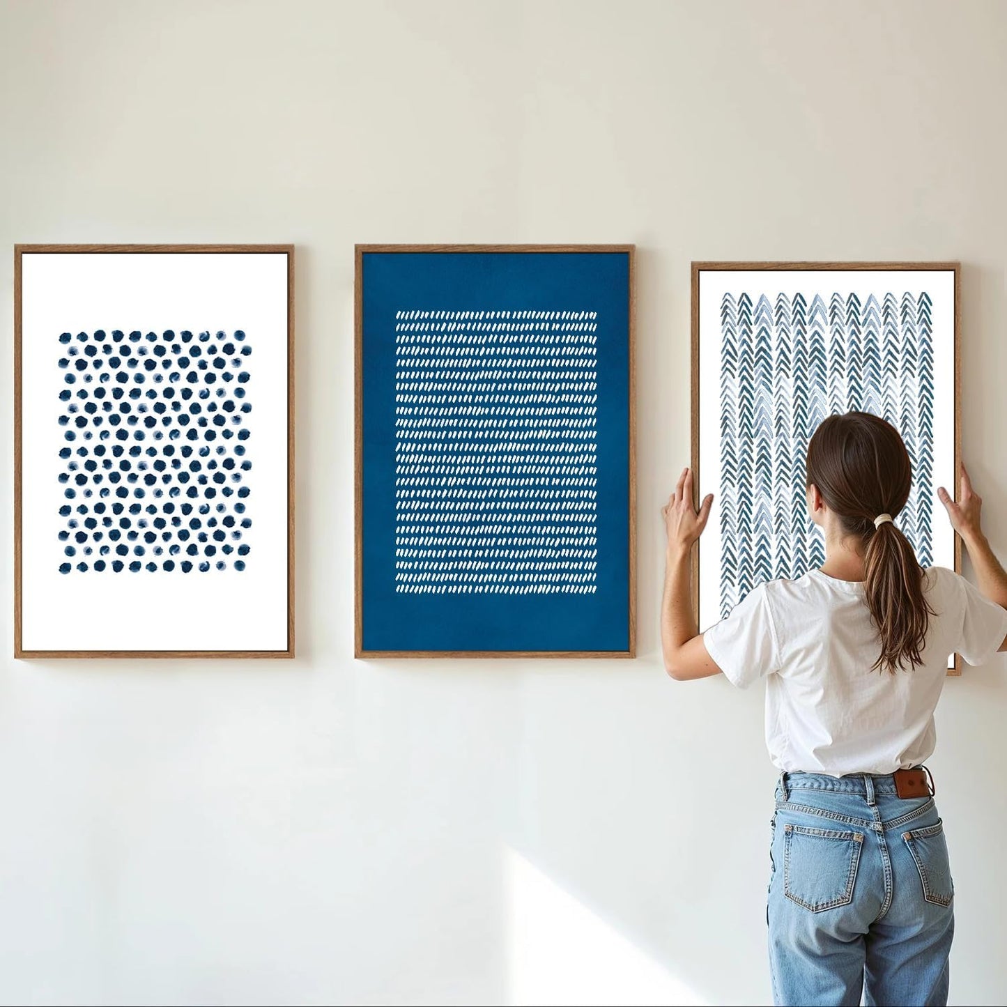 Tinonedraw Navy Blue White Framed Canvas Wall Art Set, Modern Geometric Dots Line Wall Decor, Neutral Abstract Shape Artwork, Cozy Contemporary Art Prints for Bedroom Living Room Office 16"x24"x3
