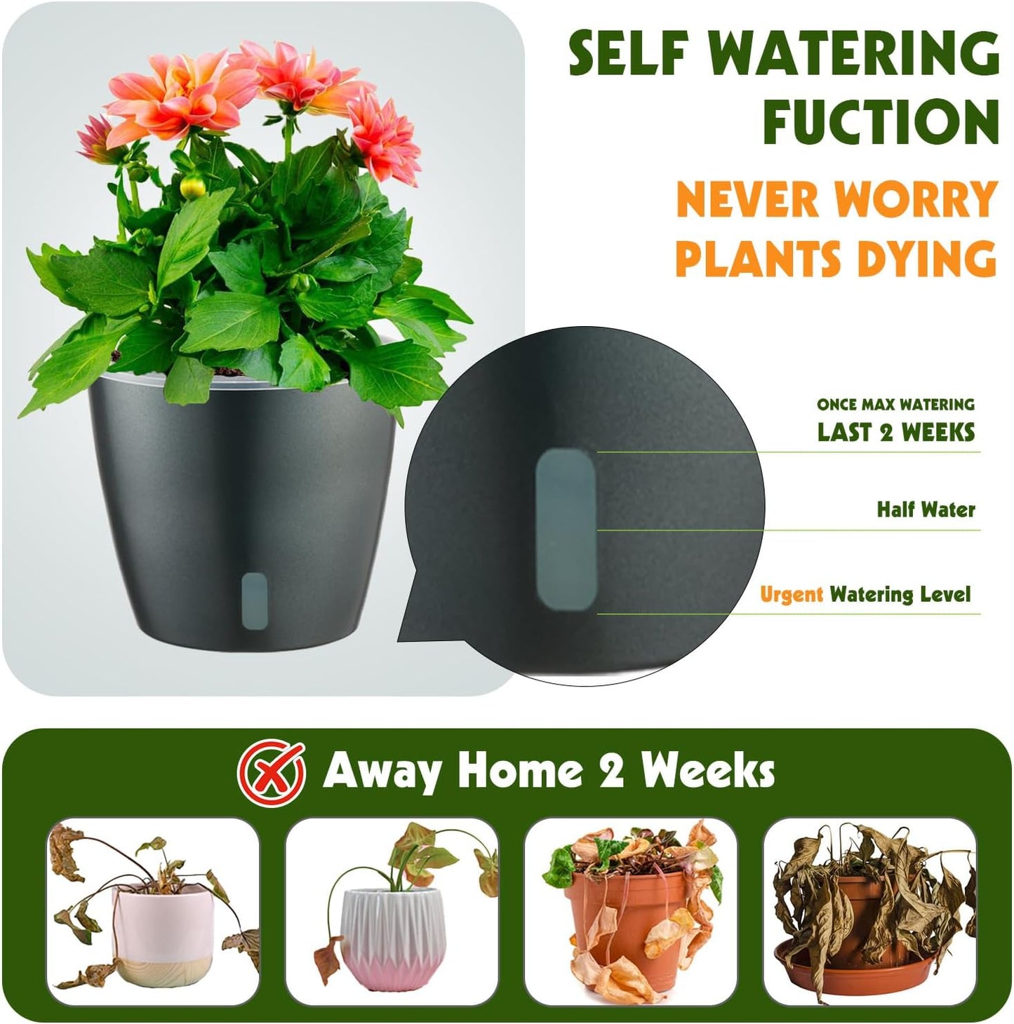 Self Watering Pots for Indoor Plants, 6-Pack 5'' Self Watering Planter with Drainage Holes, Small African Violet Pots with Water Indicator, Clear Wick Orchid Pot, Grey