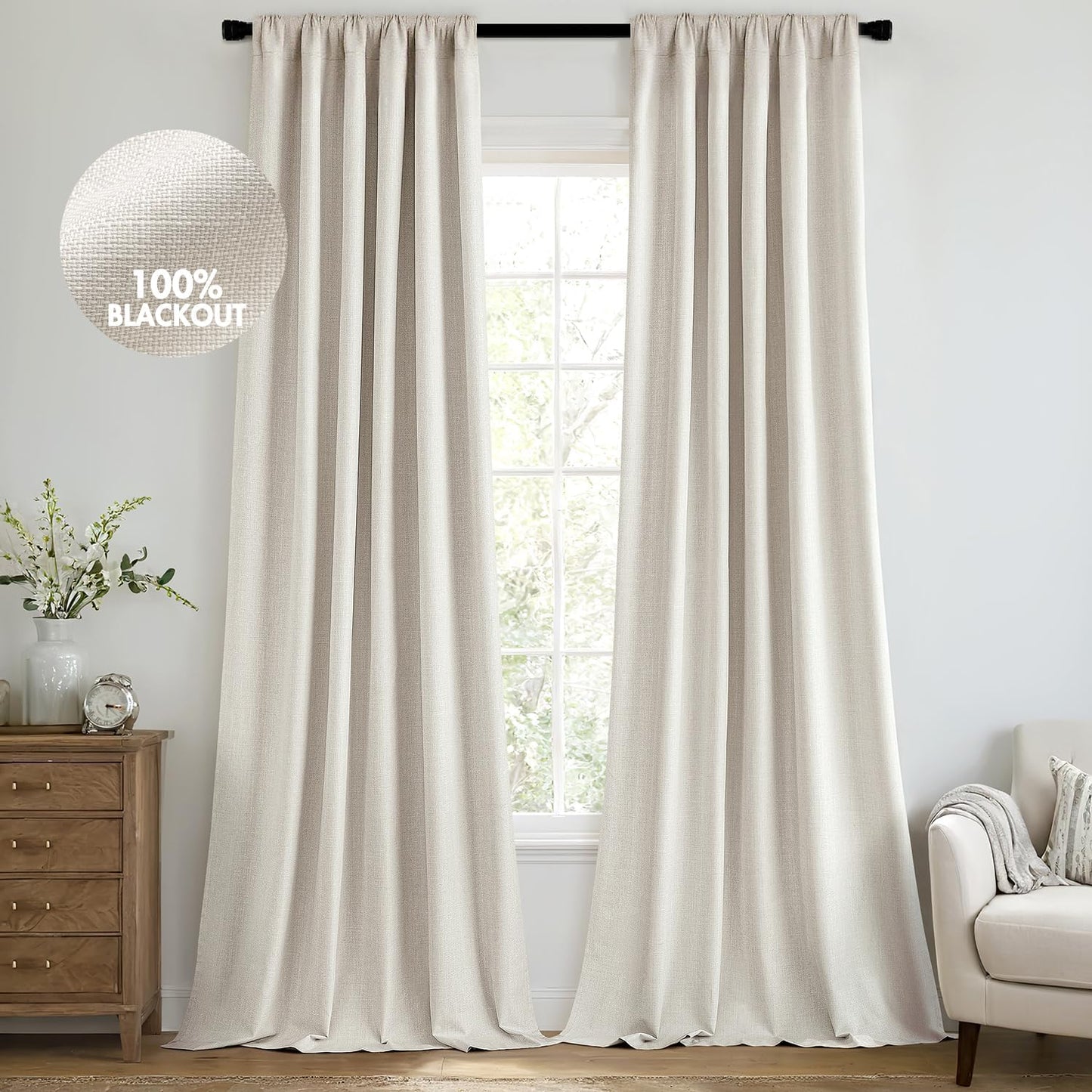 MIULEE 100% Blackout Curtains 96 Inch Long 2 Panels Set for Bedroom, Thick Faux Linen Black Out Curtain Room Darkening Back Tab Pleated Floor to Ceiling Window Drapes with Hooks for Living Room, Birch