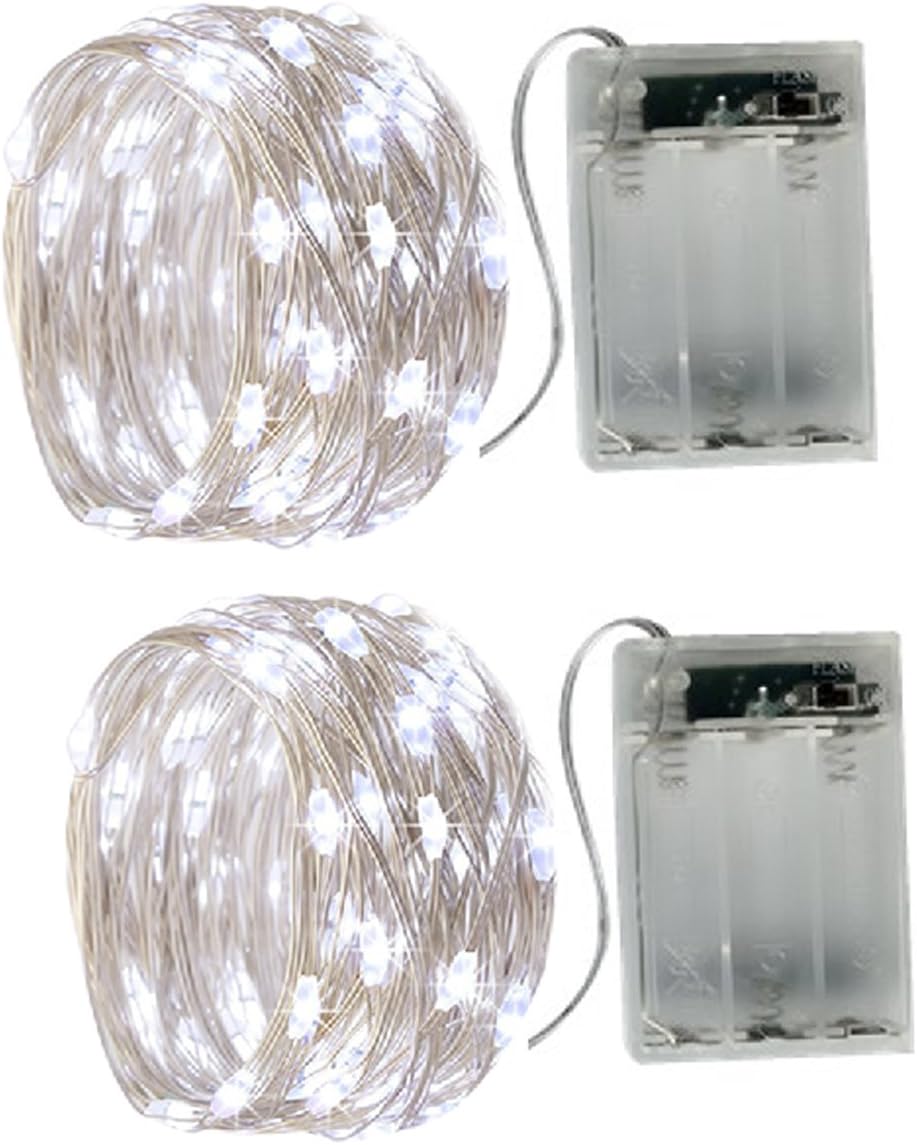 2 x 50LEDs Fairy Lights Battery Operated, Silver Wire 2 Mode 16.4Ft Chains String Lights for Bedroom Christmas Party Decoration (Cool White, 16.4)