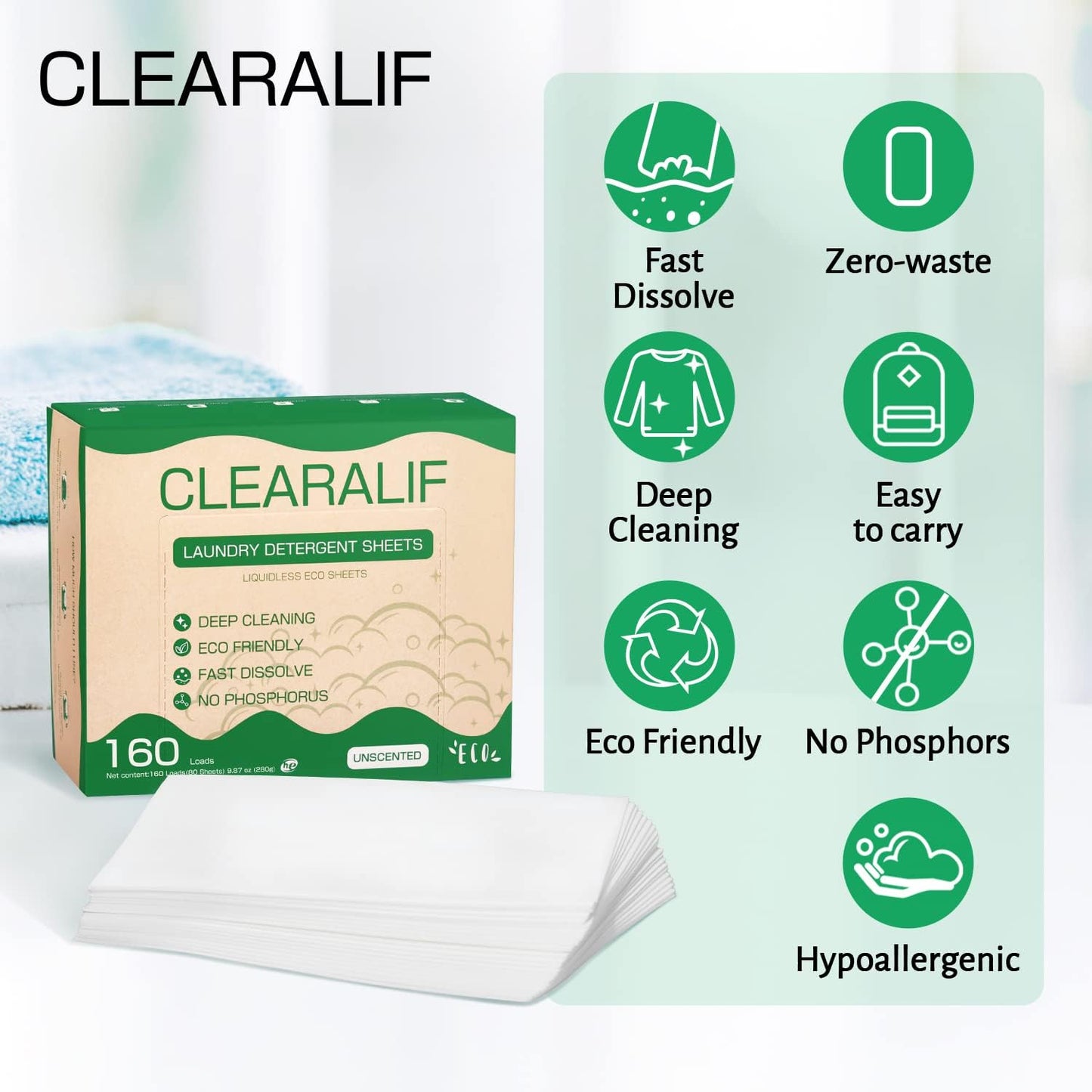 CLEARALIF Laundry Detergent Sheets (480 Loads), Unscented,Great For Travel, Apartments, Dorms, Laundry Detergent Strips Eco Friendly & Hypoallergenic (Pack of 3)