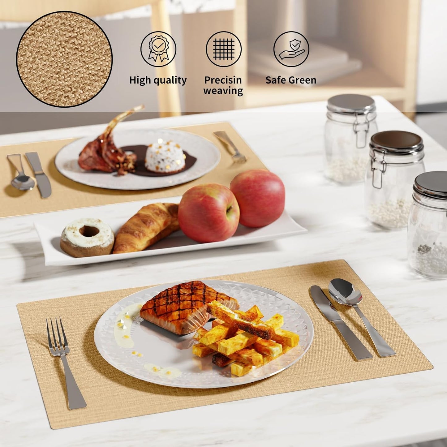 Cloth Placemats, Set of 6 Heat-Resistant Cotton Linen Blend Double Layered Machine Washable Place Mats, Wrinkle Free Thick Fabric Dining Table Mats for Indoors & Outdoors (Cream Beige, 6)