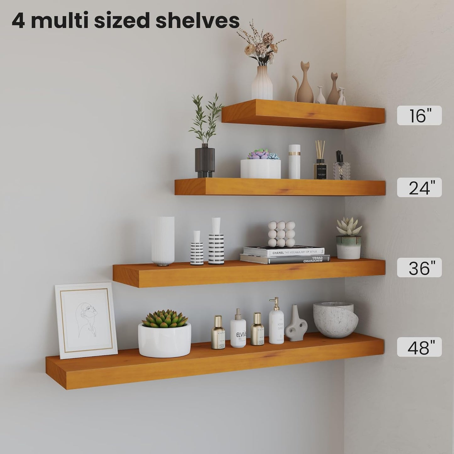 Honey Oak Floating Wall Shelves 16 Inches Long x 8”x 1.4” Shelf Floating Rustic Farmhouse Decor, Heavy Duty Shelf Hold 35 lbs, Wall Shelves for Bathroom Living Room Kitchen Bedroom Office