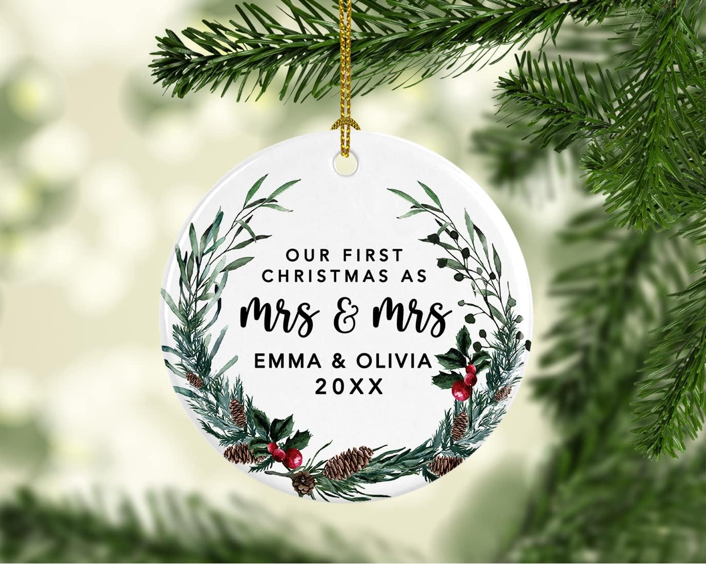 Andaz Press Personalized Our First Christmas As Mrs. & Mrs. 2025 Christmas Ornaments Holly & Pinecone Wreath 2.8" Round Porcelain Ceramic Lesbian Married Couple Gay Women Wedding Keepsake 1-Pack