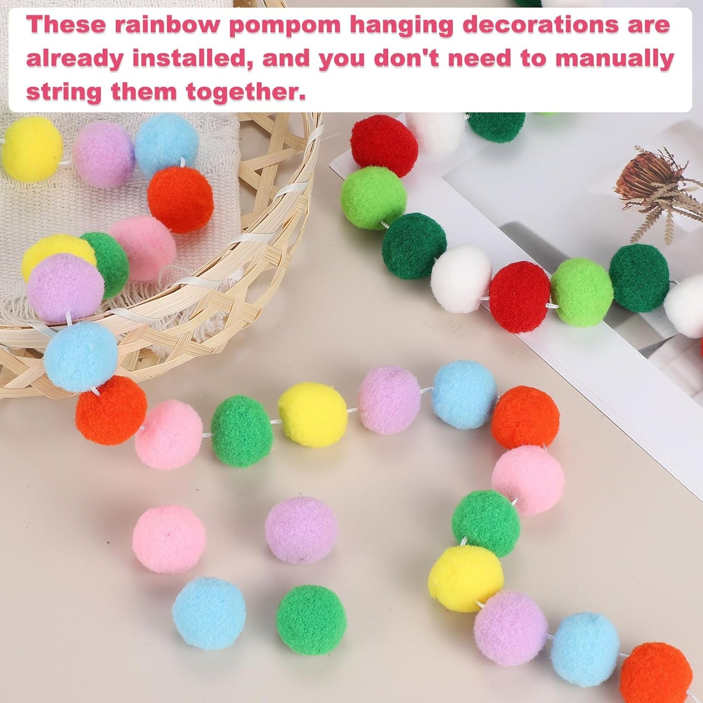 PATIKIL 13Ft Pom Pom Garland Decorations, 2Pcs Colorful Felt Ball Garland Banner Cute Rainbow Pompom Hanging Decorations for Tree Ornaments Homes Decor, White/Blue Series