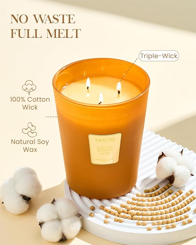 M&SENSE Large Candles Caramel Pumpkin Latte Scented, 3 Wick Natural Soy Candles for Home Scented, 150H Long Lasting Slow Burn Jar Candle 35oz, No Toxic Aromatherapy Candle for Stress Relief