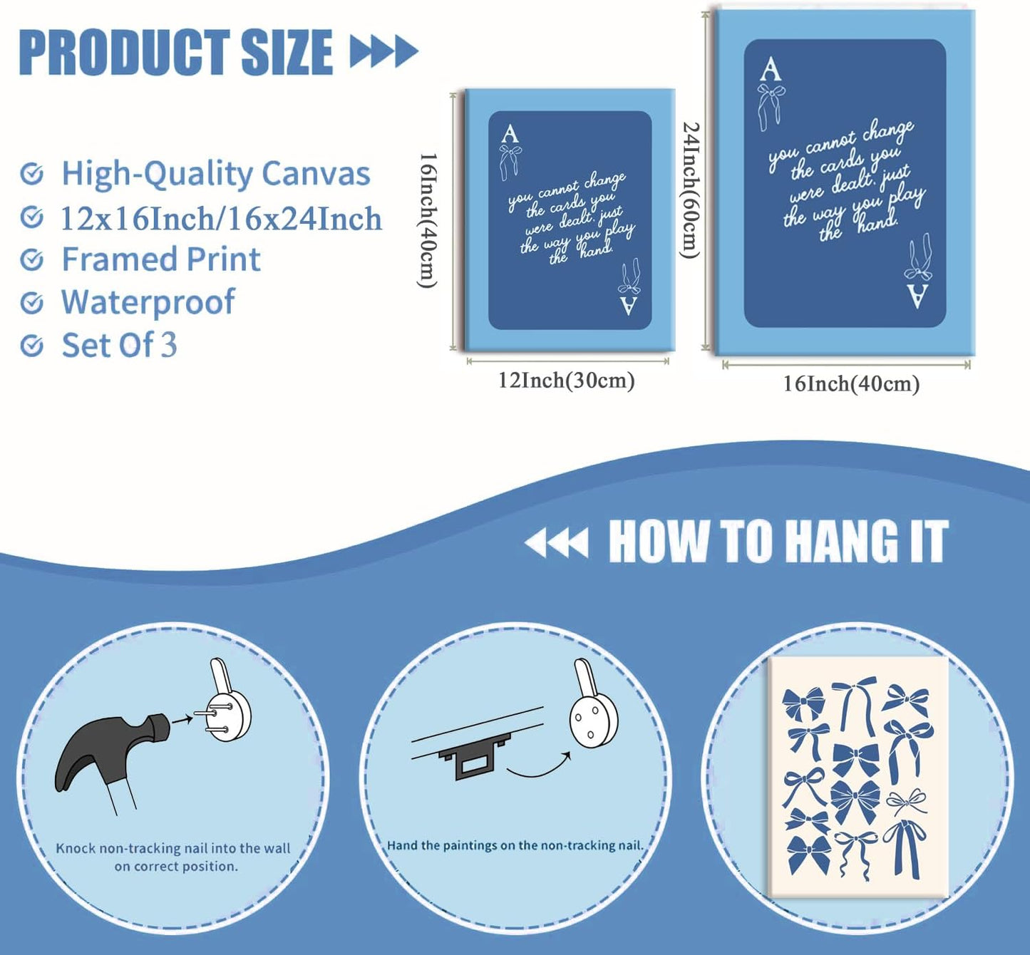 Blue Preppy Wall Art Framed Set of 3 Trendy Navy Bow Posters Retro Guest Check Canvas Prints Poker Painting Minimalist Positive Quote Picture Room Decor Aesthetic for Living Room Dorm Apartment16x24in