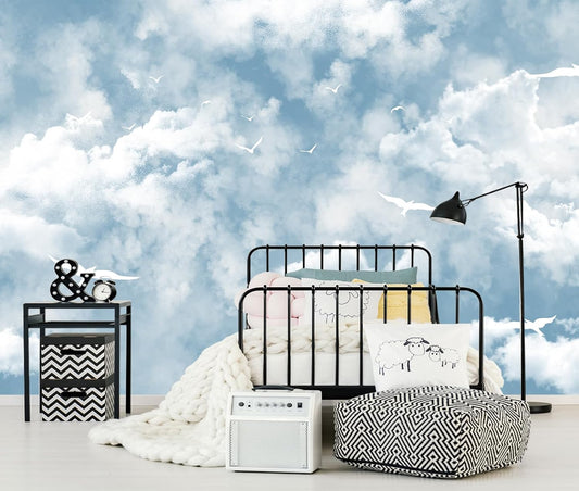 Blue Sky and White Cloud Wallpaper for Ceiling White Pigeon Wall Mural for Bedroom Living Room (Not Peel n' Stick)