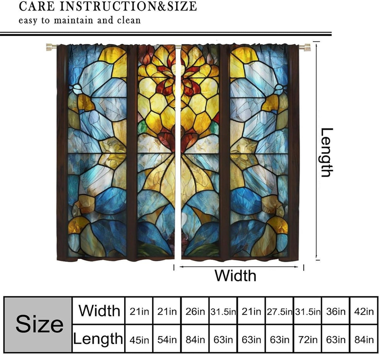 Stained Glass Curtains,Retro Abstract Colorful Art Home Decor Drapes for Bedroom Living Room Kitchen Window Treatment 2 Panels Set Total Size 42" W X 63" L Inch