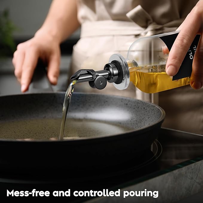 Olive Oil Dispenser Bottle - Includes 55 Kitchen Essential Labels - Cooking Oil Bottles for Kitchen, Coffee Syrup Dispenser - Pourer Spout with 16.9 fl oz Glass Container Cruet - 2pcs, Black