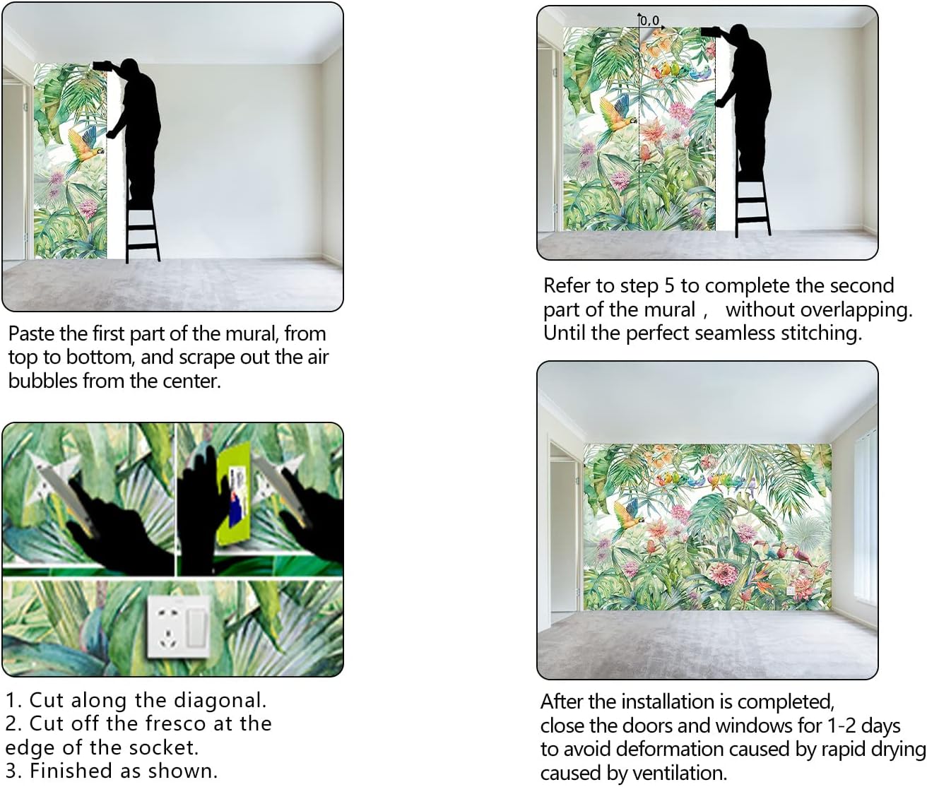 Tropical Green Botanical Flower Birds Leaf Wallpaper Bedroom Plant Floral Mural Room Decor Living Room tv Background Large Wall Mural - 160"x108" (Not Peel and Stick)