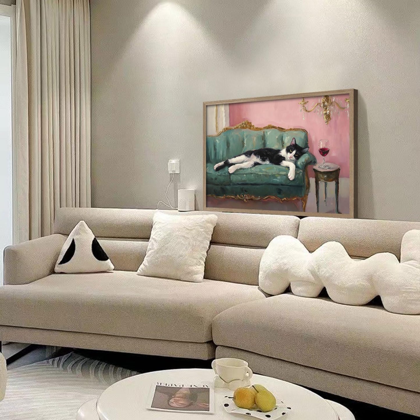 Wooden Framed Black And White Cat Wall Art Modern Style Canvas Print Lazy Persian Cat Poster Picture Decoration Painting Gallery Style Artwork Suitable For Living Room Bedroom Decoration 12x16 Inch