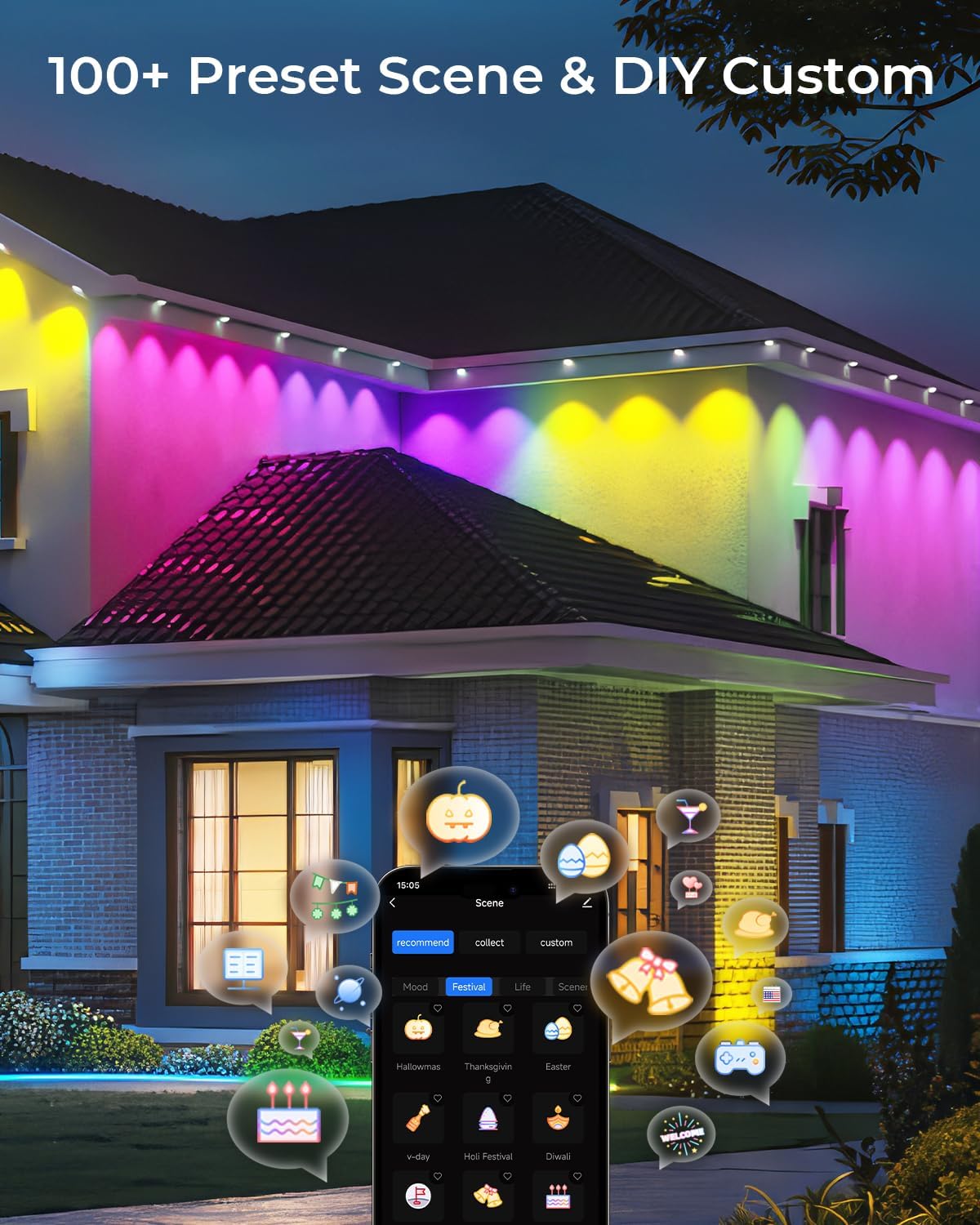 CINOTON Permanent Outdoor Lights 100ft, Smart RGBW Eaves Lights with 72 LEDs, IP67 Waterproof, 111 Scene Modes for Daily and Festival, Halloween Christmas Party Holiday Decor, APP/Voice/Remote Control