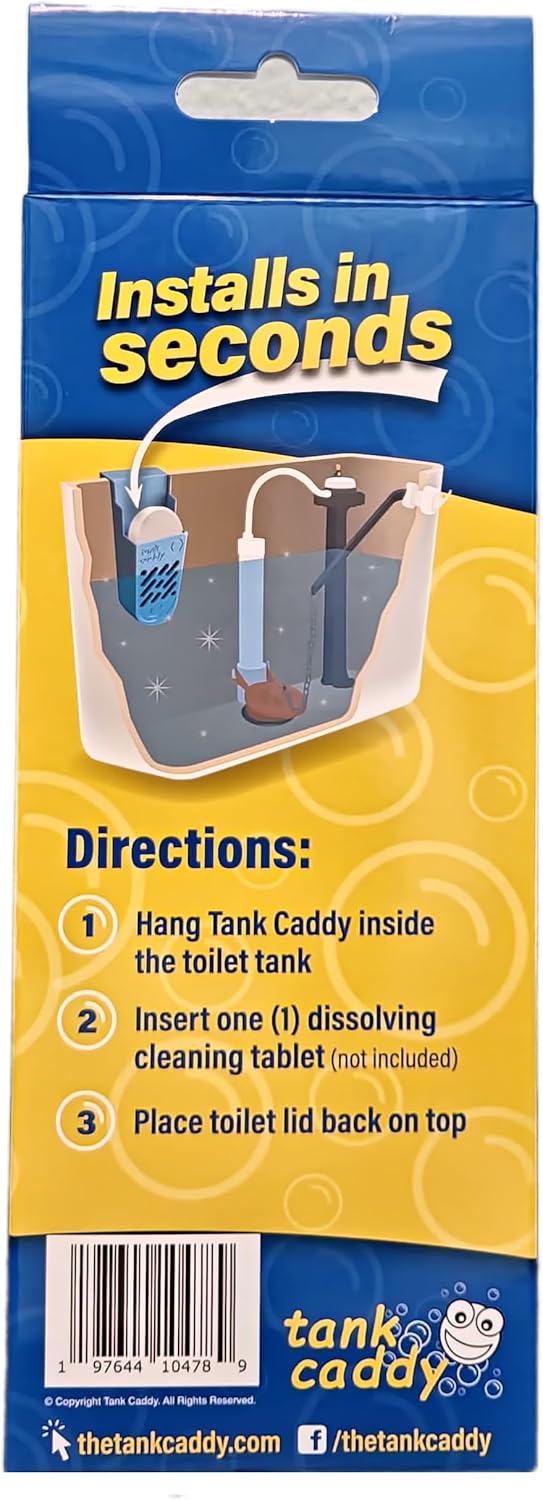 The Tank Caddy is a carrier that hangs inside your toilet tank, while trapping the soot that remains as blue and bleach tablets dissolve.