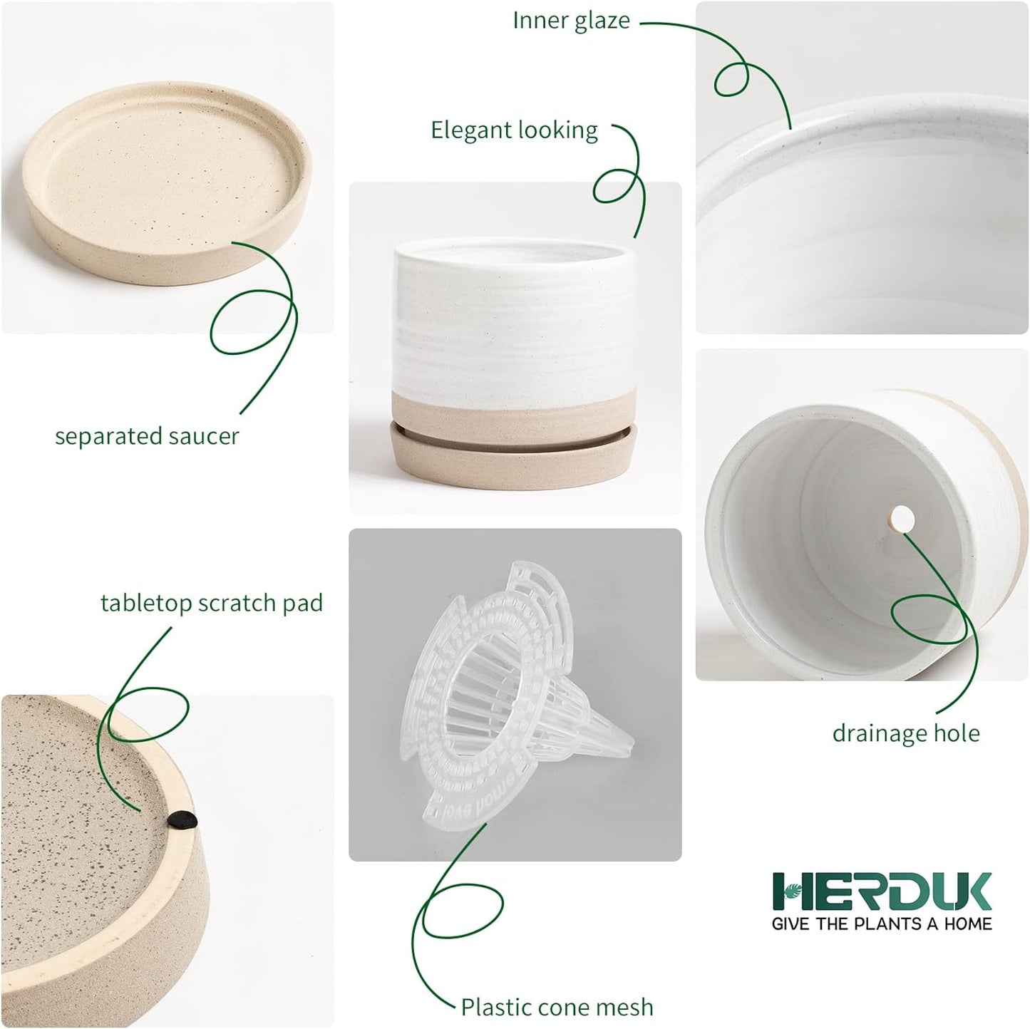 6 + 8 Inch Plant Pots, Ceramic Planter Pot with Drainage Hole & Saucer, Indoor/Outdoor Cylinder Round Planter Pot, Cream & Beige