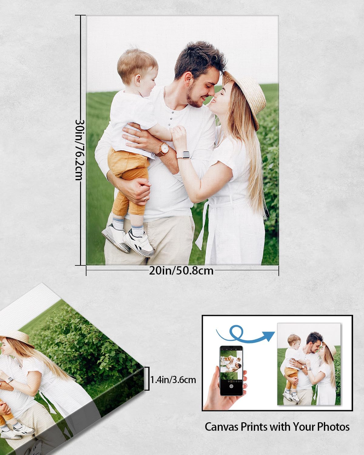 Personalized Custom Canvas Wall Art, Custom Canvas Prints with Your Photos for Living Room, Bedroom, Wedding Pet Baby Family Photo Framed Wall Art, Customized Photo Gift for Family，Friend，Lover，Pet (20L" x 30W")