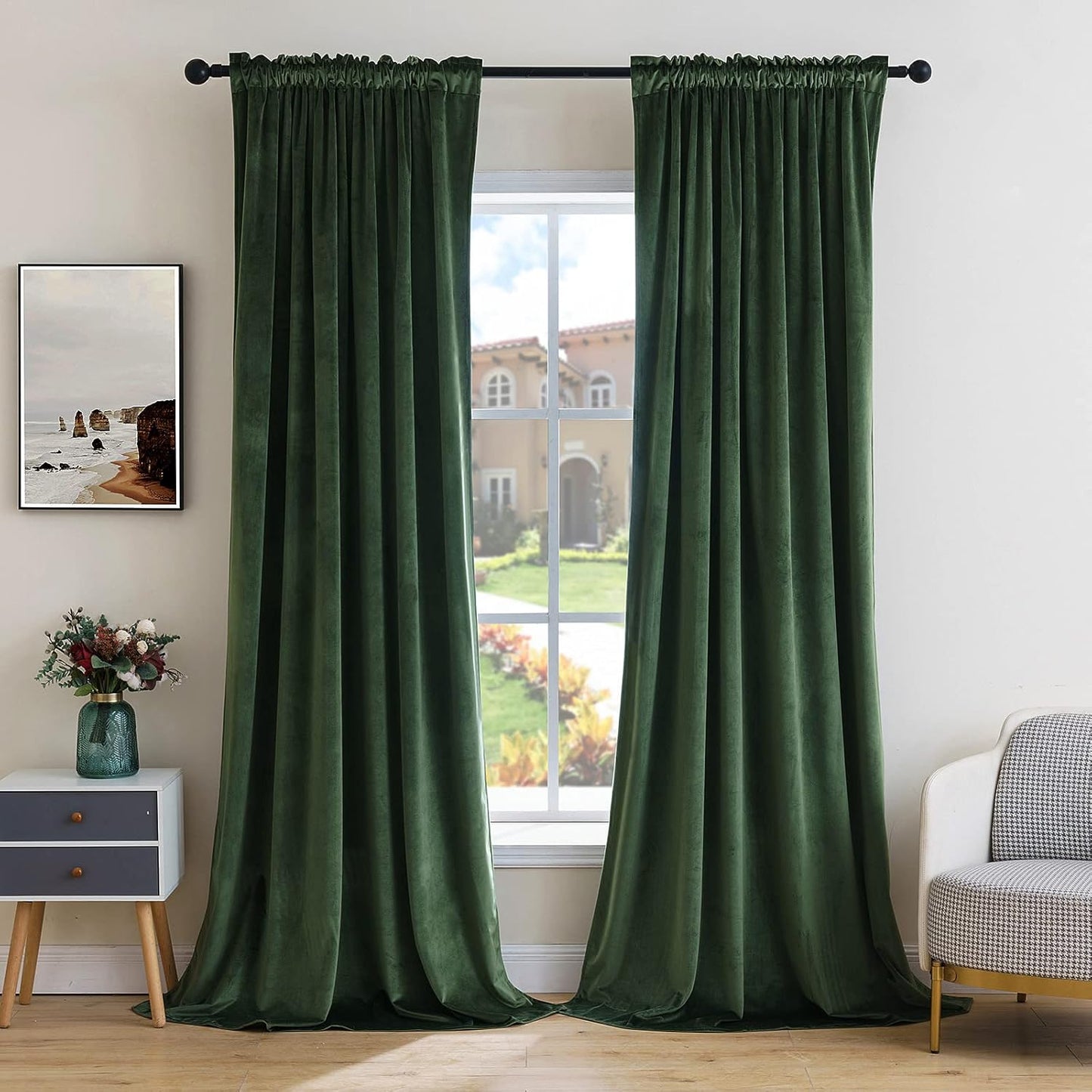 MIULEE Olive Green Velvet Curtains Thermal Insulated Blackout Curtain Drapes for Bedroom Living Room Darkening 84 Inches Long Curtains Panels Rod Pocket Set of 2