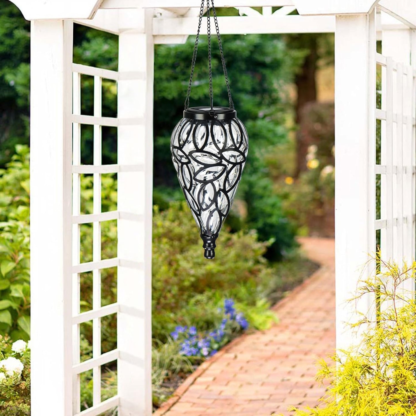 SUNNYPARK Outdoor Plastic Solar Hanging Lantern, 15 Cool White LEDs Twinkle Effect Tear-Shaped Hanging Lantern Decor Garden Decorative Solar Lights for Backyard, Patio and Lawn