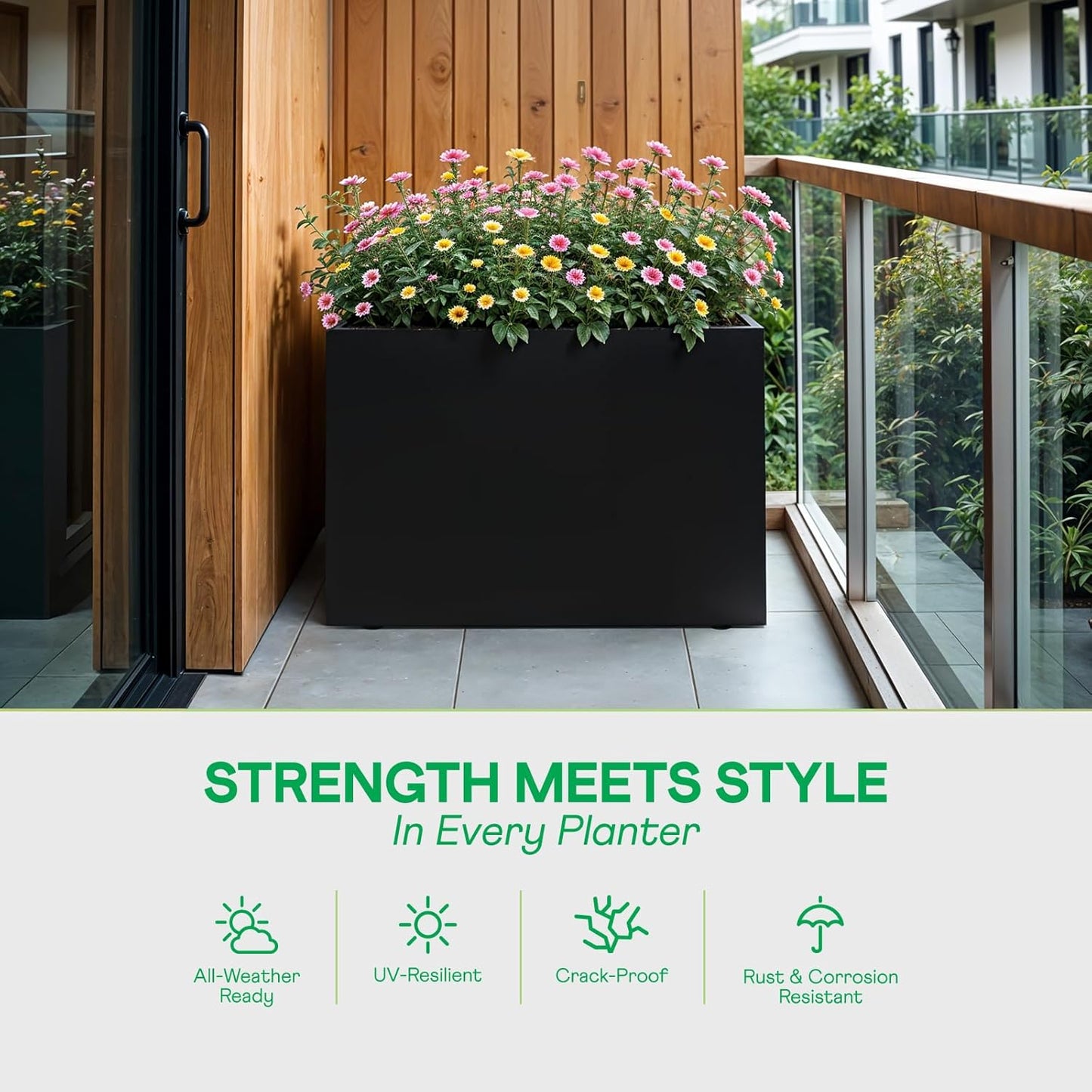 IDZO Metal Planter Box, Privacy Trough for Patio, Rectangle Container for Outdoor Plants, Tall Large Rectangular Steel Bed for Outdoor Greens with Drainage Holes & Adjustable Feet, Black