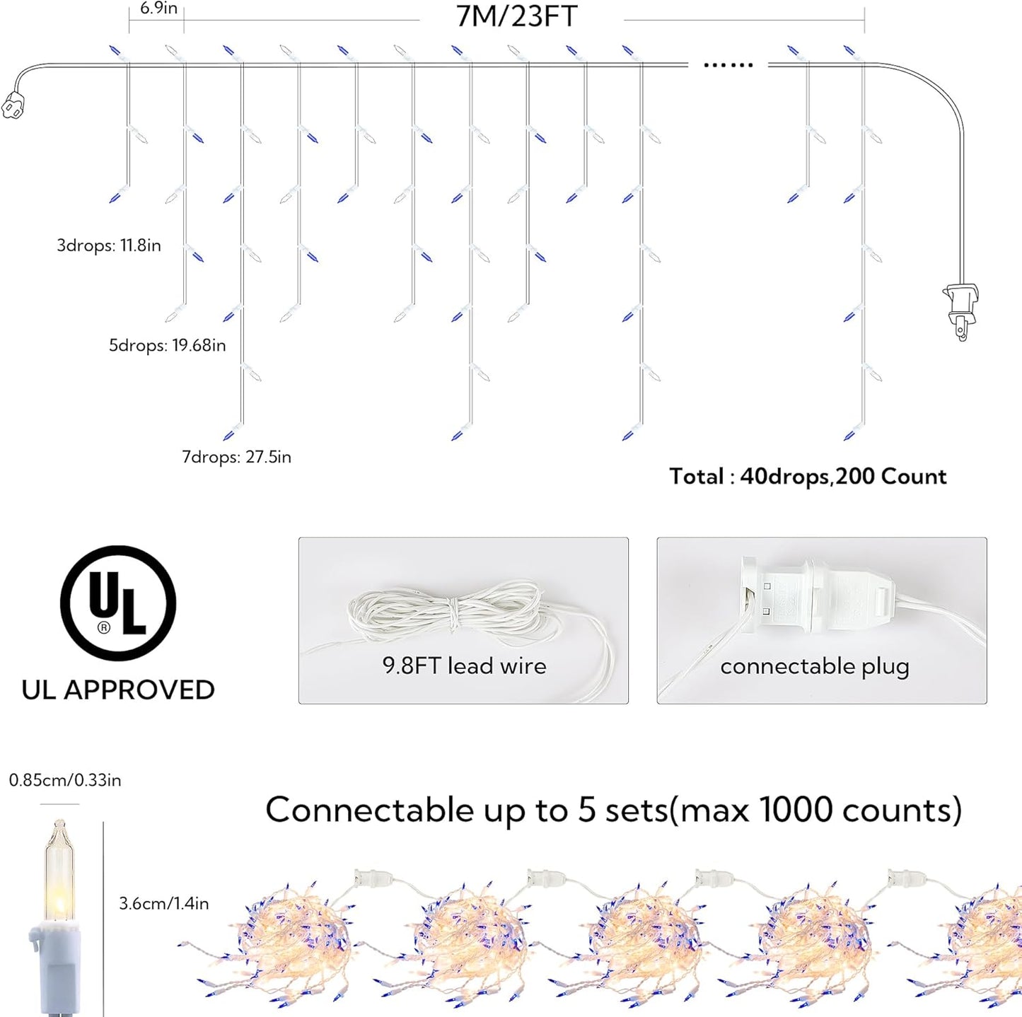 200ct Blue&Clear Mini Icicle Christmas Lights, 23FT White Wire Incandescent Bulb String Lights, Connectable Indoor Outdoor for Eaves, Window, Curtain, Party, Wedding