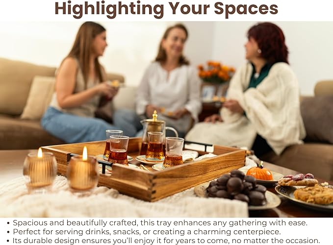 Acacia Wooden Ottoman Tray for Living Room – 21" Large Coffee Table Serving Tray with Handles & 6 Coasters Set, Perfect for Food, Drinks, Kitchen, and Home Decor