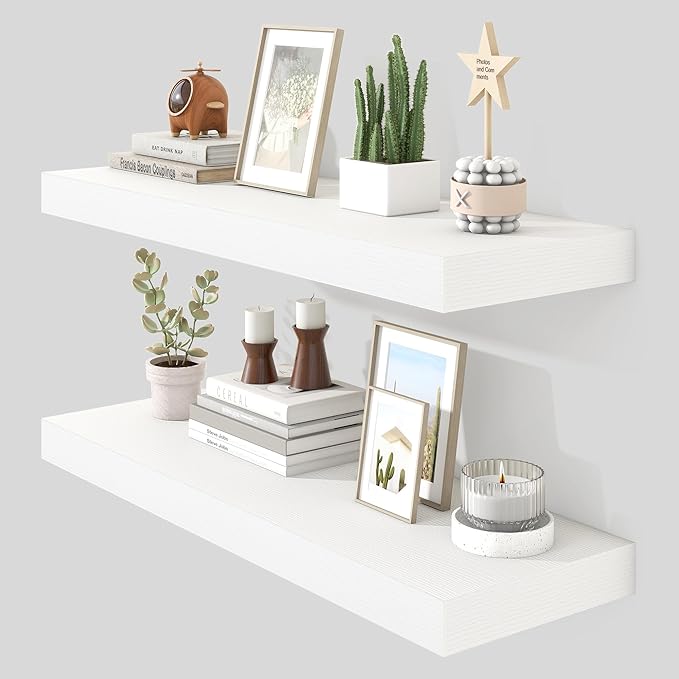 Heimlove 36 Inch Floating Shelves for Wall Set of 2,White Wall Shelves for Storage & Decor - Heavy Duty with Invisible Brackets,Perfect for Living Room,Bedroom,Home Office